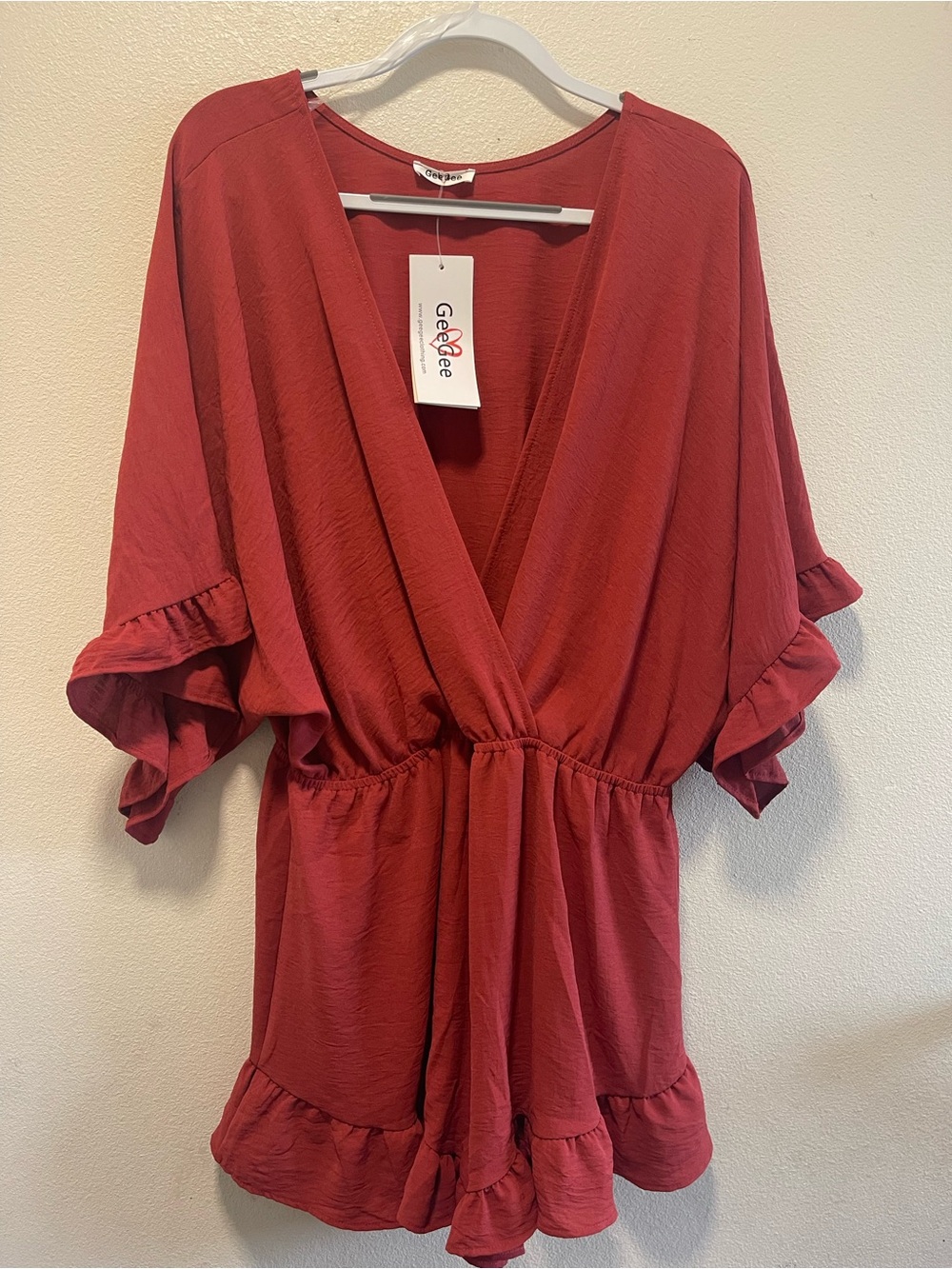 GeeJee Rust Red V-Neck Ruffle-Sleeve Tunic - Picture 5 of 5